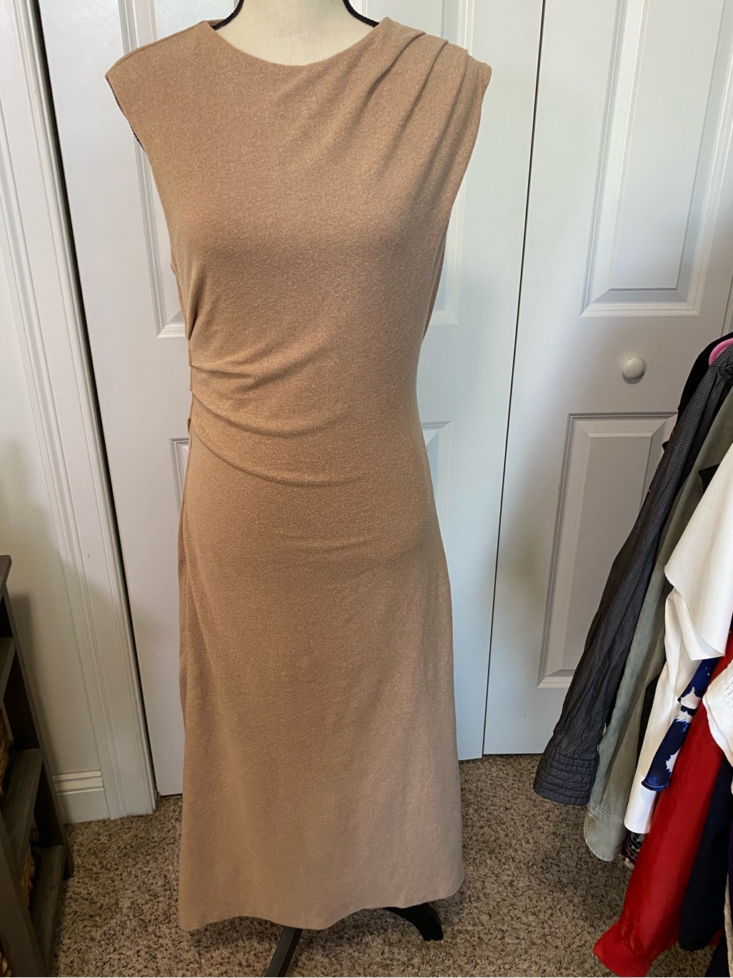 Astr Sleeveless Camel Soft Side Ruched Sleeveless Dress